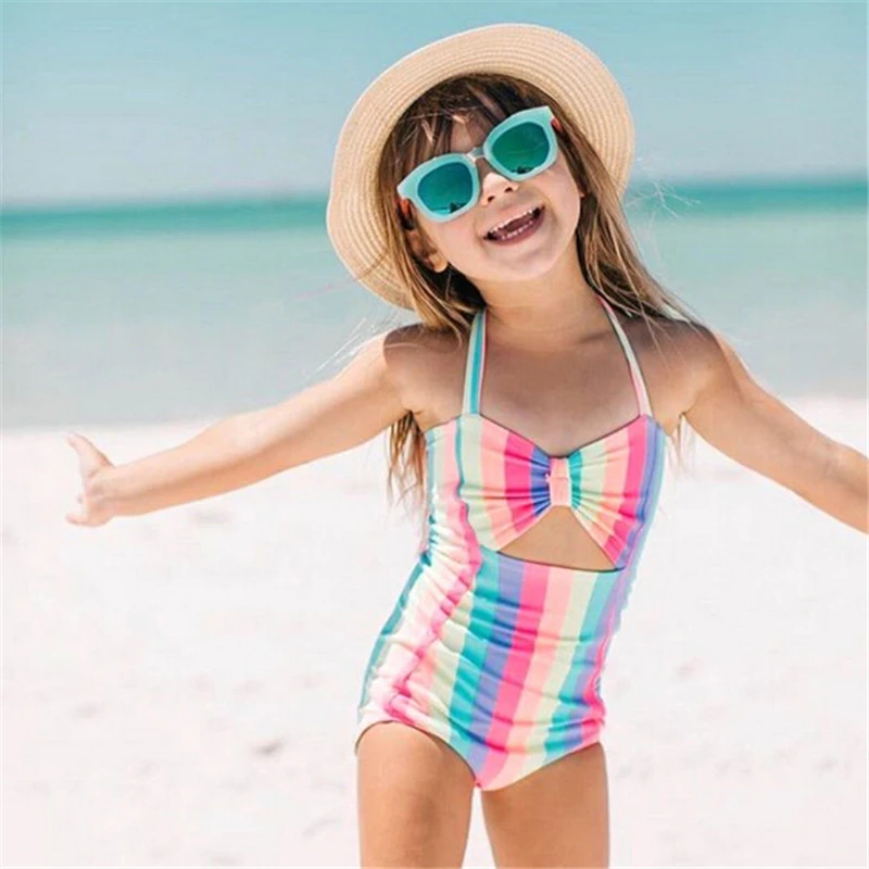Купальник для девочек в радужную полоску лето 2018 детский купальник с лямкой на