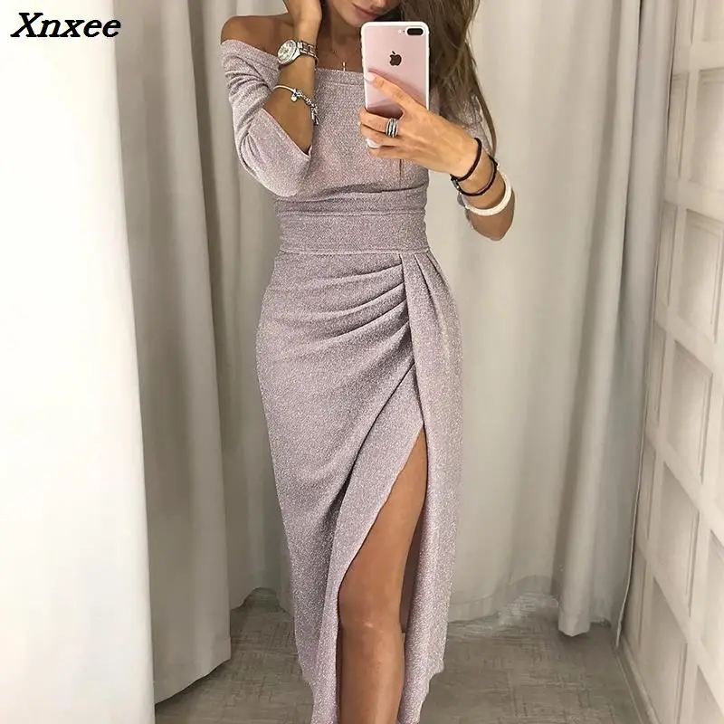 2018 Autumn Women Fashion Sexy Elegant Bodycon Party Dresses Long Sleeve Knitte Shiny Off Shoulder Ruched Thigh Slit Dress Xnxee
2018 Autumn Women Fashion Sexy Elegant Bodycon Party Dresses Long Sleeve Knitte Shiny Off Shoulder Ruched Thigh Slit Dress Xnxee