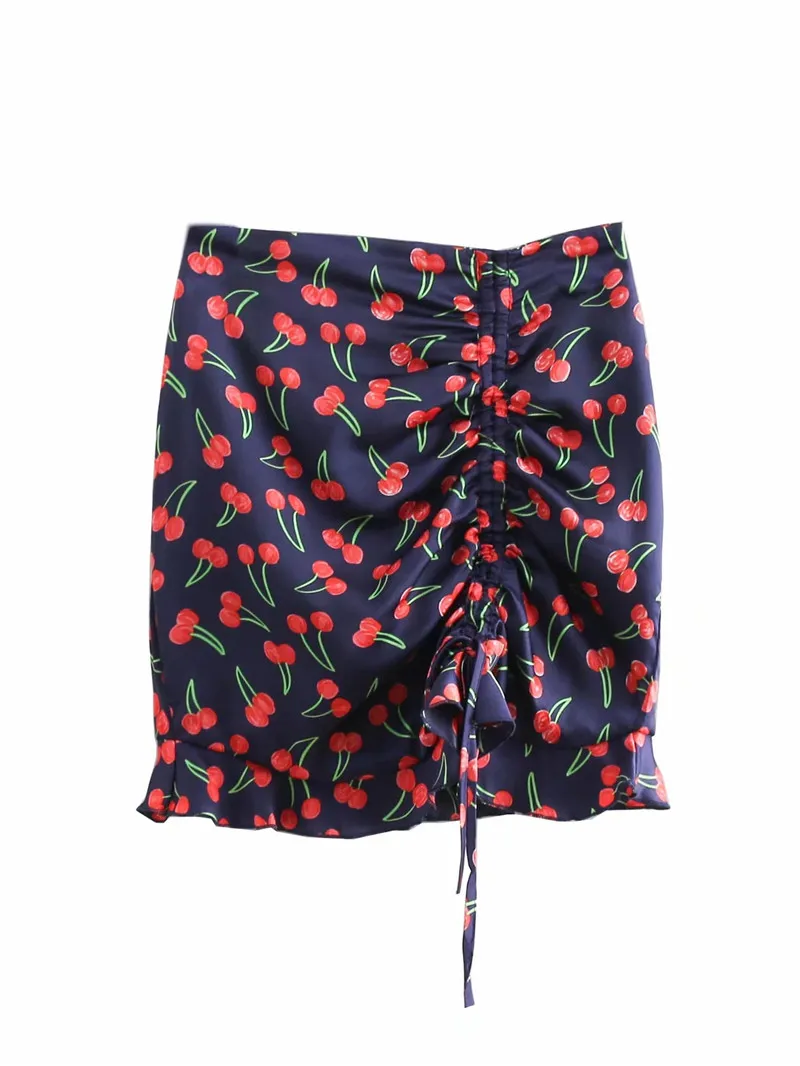 2019 весна лето женские юбки Drawstring шнуровка Za оборки вишня Мини Юбка Ретро Высокая