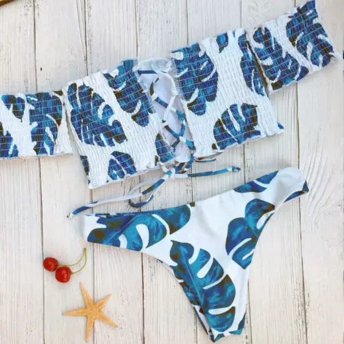 New Style Women Off Shoulder Bikini Set Floral Swimwear Push-Up Padded Swimsuit Bandage Bandeau Beachwear Low Waist Bathing Suit | Спорт и