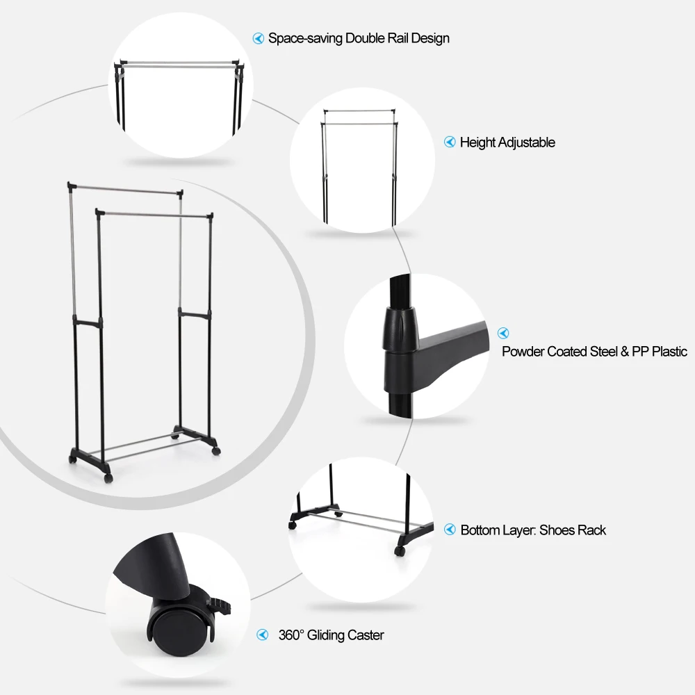 Meatl Adjustable Double Rail Clothing Rack Garment Dress Hanging Rack Display Stand Organizer on Wheels Shoes Storage Rack
Meatl Adjustable Double Rail Clothing Rack Garment Dress Hanging Rack Display Stand Organizer on Wheels Shoes Storage Rack