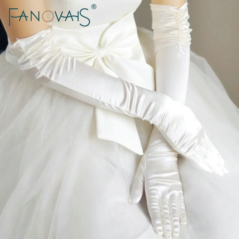 

Hot Selling Elbow Length Wedding Gloves with Fingers Pleats Beautiful Elegant Satin Bridal Gloves Wedding Accessories