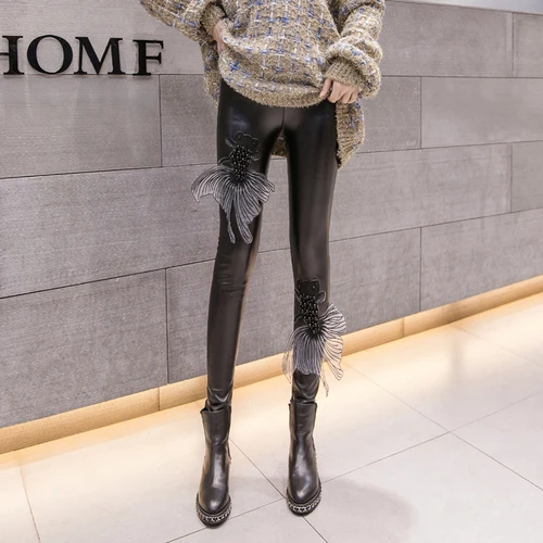 Embroidery Flower Sequins Thin Velvet Leather Pants Women European Personality High Waist Wear Leggings Tide Femme | Женская одежда