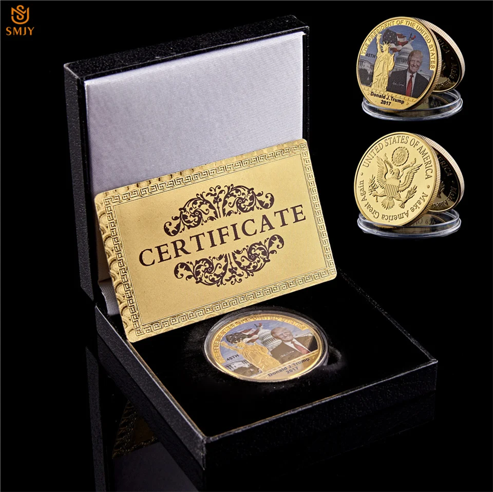 

USA President Donald Trump And White House Challenge Silver/Gold Plated Metal Souvenir Coin W/Luxury Gift Box