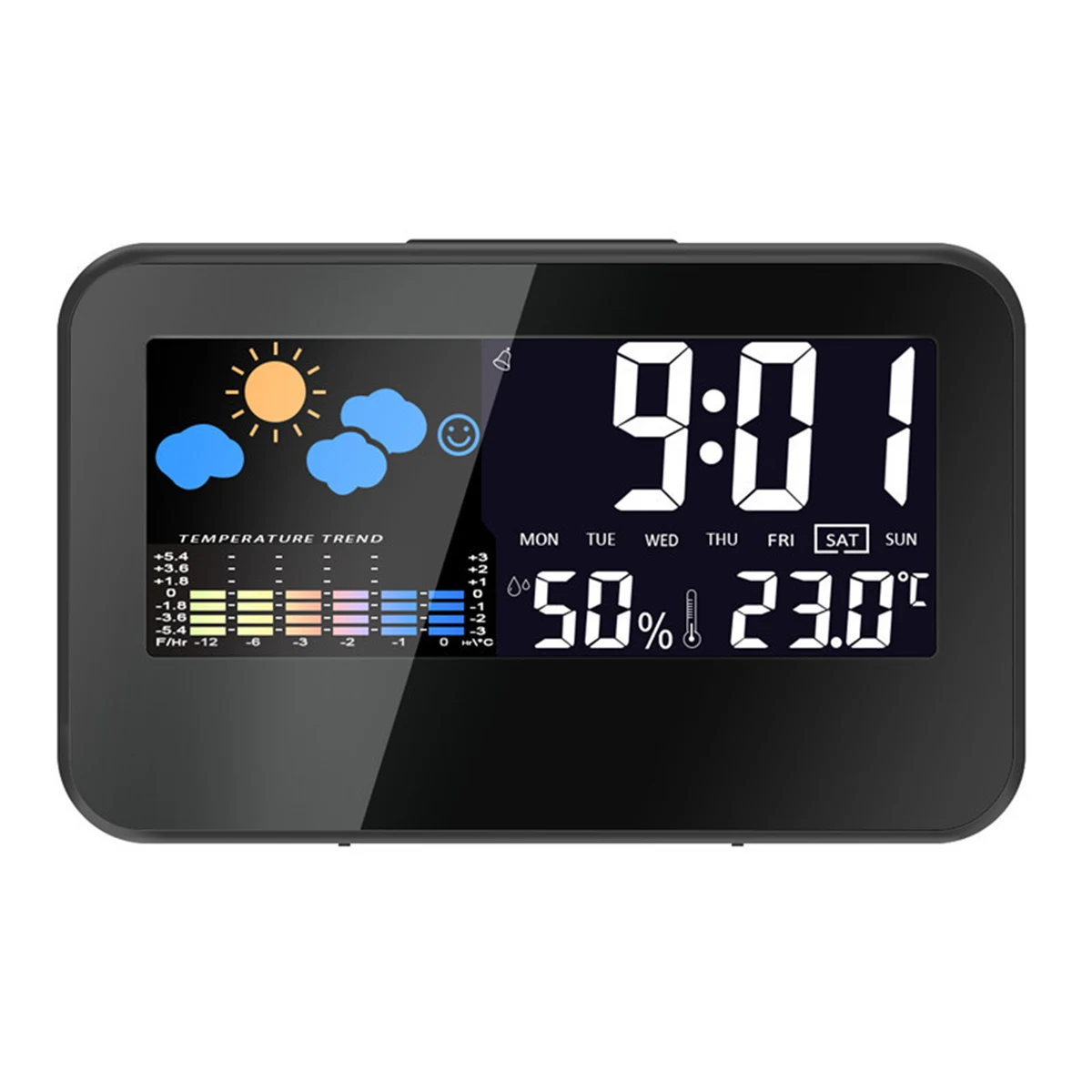 Цифровая метеостанция с термометром, гигрометром, будильником и красочным светодиодным дисплеем, умным звуковым контролем, календарем и подсветкой.