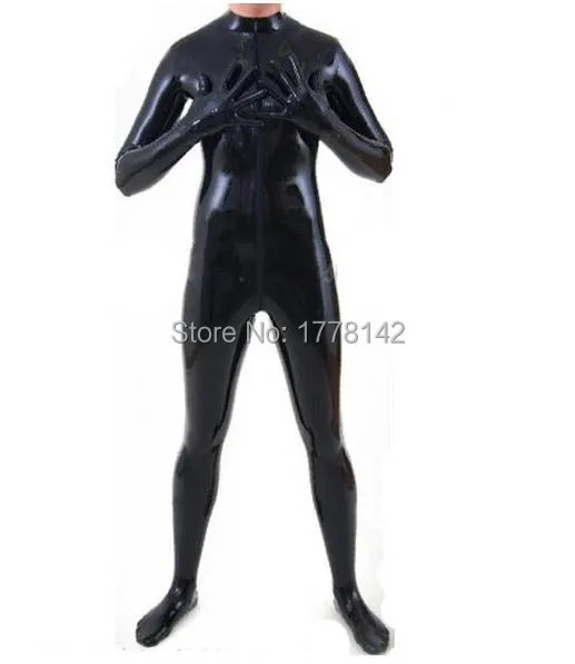 Черный латексный костюм комбинезон на молнии спереди сексуальный зентай носочки
