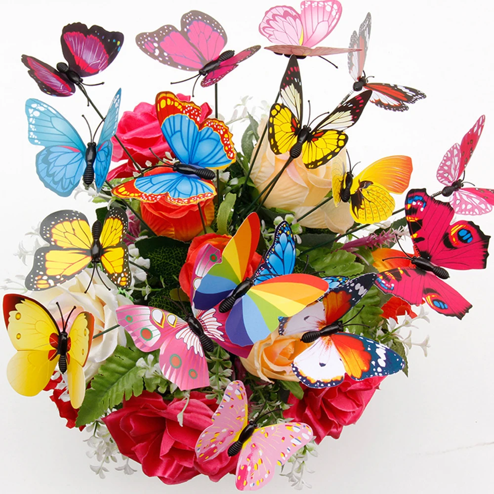 

20 шт. красочные 3D двухслойные бабочки на палочках домашний Двор Газон цветочный горшок растение украшение сада DIY газон крафт