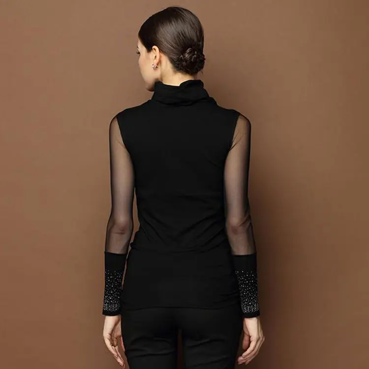 Женские топы 2018 черная водолазка с длинным рукавом блузка сетчатые облегающие