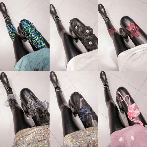 Embroidery Flower Sequins Thin Velvet Leather Pants Women European Personality High Waist Wear Leggings Tide Femme | Женская одежда