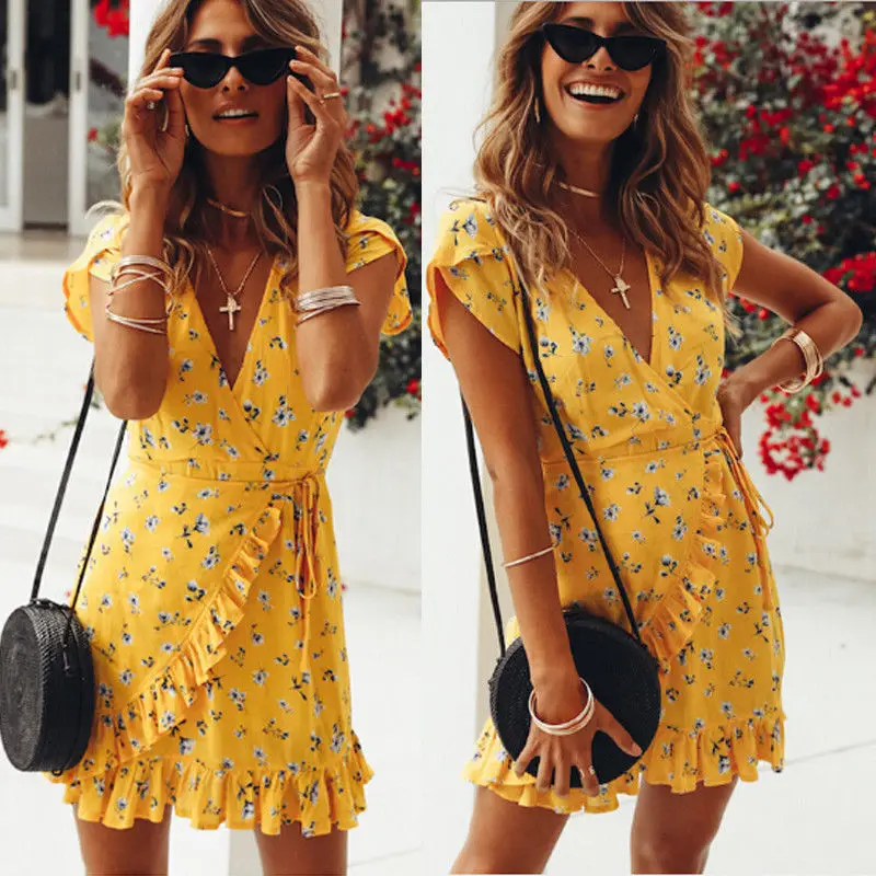 Women Floral Casual Wrap Boho Dress Ladies Deep V-neck Ruffles Beach Mini Dresses Summer Short Sleeves
Women Floral Casual Wrap Boho Dress Ladies Deep V-neck Ruffles Beach Mini Dresses Summer Short Sleeves