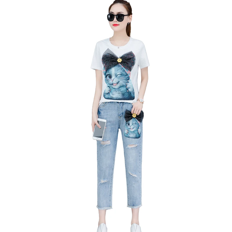 Женские джинсовые костюмы футболка с коротким рукавом и принтом кота + штаны