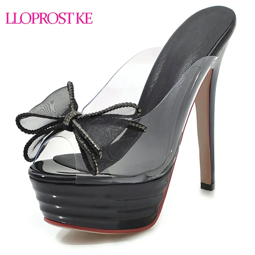 

Lloprost ke 2019 New Bowtie Transparent Platform Sandals Female Stiletto High Heels Summer Shoes Peep Toe Party Slides Sandal