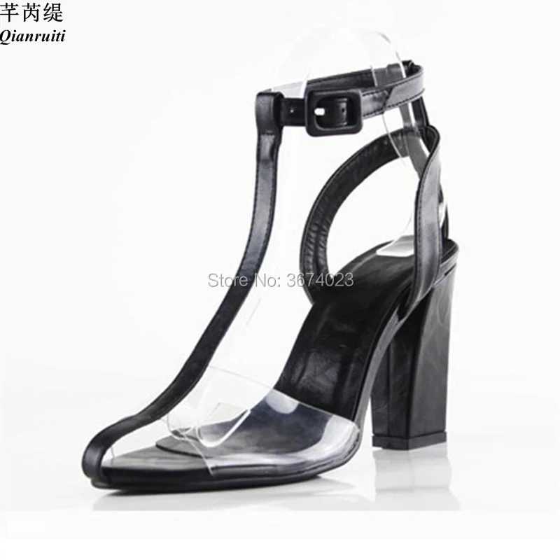 

Qianruiti Summer Women Clear Sandals T-strap Block High Heels PVC Peep Toe Shoes Gladiator Sandalias Fashion Runway Sandals