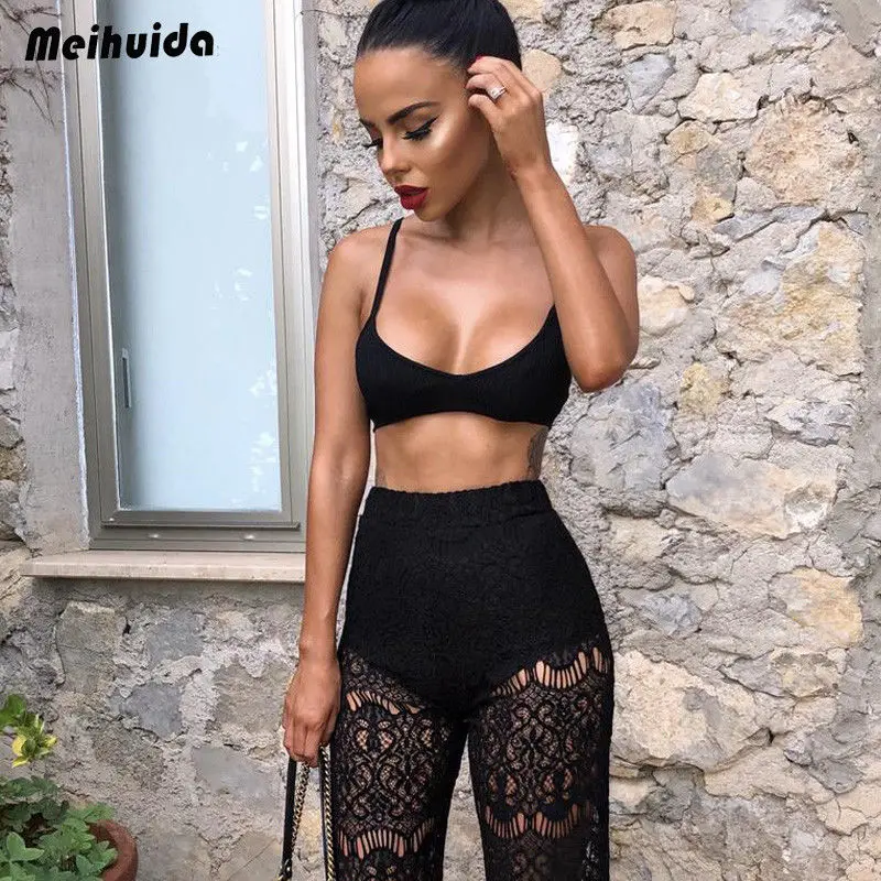 Women 2 Piece Outfit Set Solid Lace Long Pants Sleeveless Crop Tops Halter Camis Sexy Femme Clothes Set
Women 2 Piece Outfit Set Solid Lace Long Pants Sleeveless Crop Tops Halter Camis Sexy Femme Clothes Set