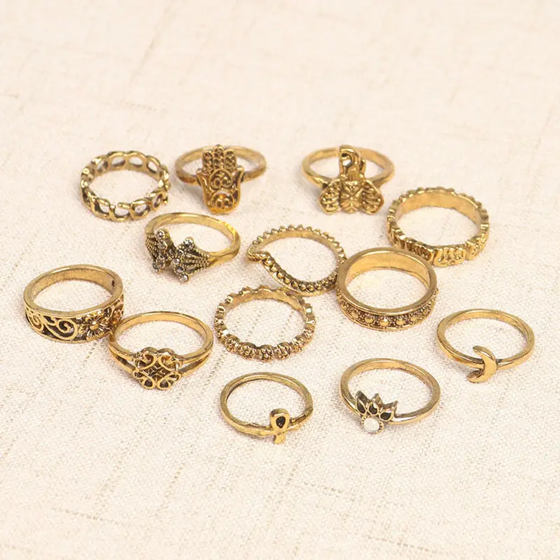 

Hot 13Pcs Vintage Women Crystal Boho Moon elephant Midi Finger Rings Knuckle Set women Finger Knuckle Rings