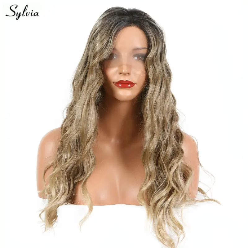 Sylvia Natural Handmade Hairline Dark Mixing Blonde Color Synthetic Lace Front Wigs For Women Long Wave Party Goods | Шиньоны и парики