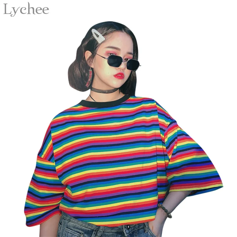 Lychee Harajuku Rainbow Striped Women T-shirt Short Sleeve Loose T Shirt Summer Casual Tee Tops Female
Lychee Harajuku Rainbow Striped Women T-shirt Short Sleeve Loose T Shirt Summer Casual Tee Tops Female