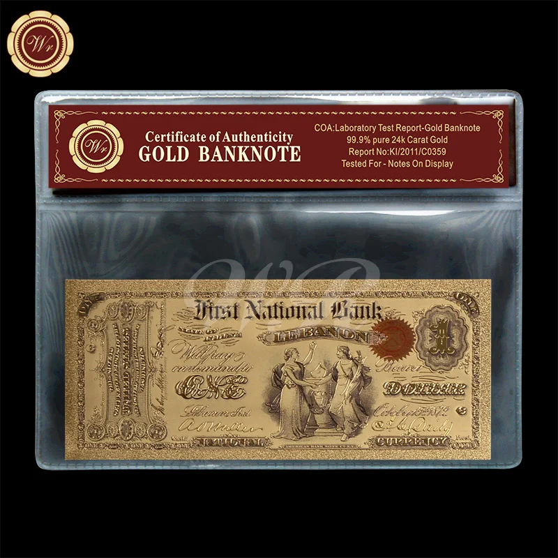 

Цветная Золотая банкнота US $1 1875 год Золотая банкнота чистая Золотая фольга купюра одна с пластиковой рамкой для сбора