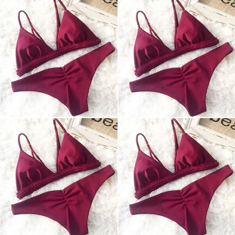 2018 New Sexy Women Solid Bikini Set Bandage Push Up Padded Swimwear Summer Swimsuit Bathing Beachwear Wine Red Yellow | Спорт и