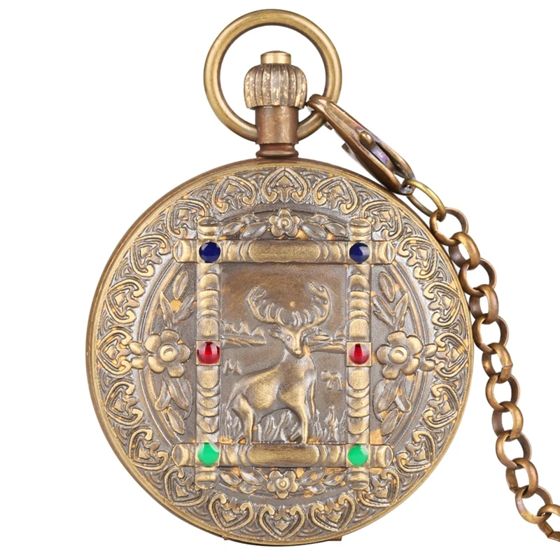 Pure Copper Elk Deer Flower Design Tourbillon Phase Sun Mechanical Pocket Watch Vintage Same Double Full Hunter Watch with Chain
Pure Copper Elk Deer Flower Design Tourbillon Phase Sun Mechanical Pocket Watch Vintage Same Double Full Hunter Watch with Chain