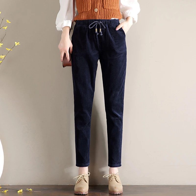 2018 mujeres оту Invierno alta cintura вельветовые шаровары bolsillos cordn mujer MS тамао suelto pantalones de gran
