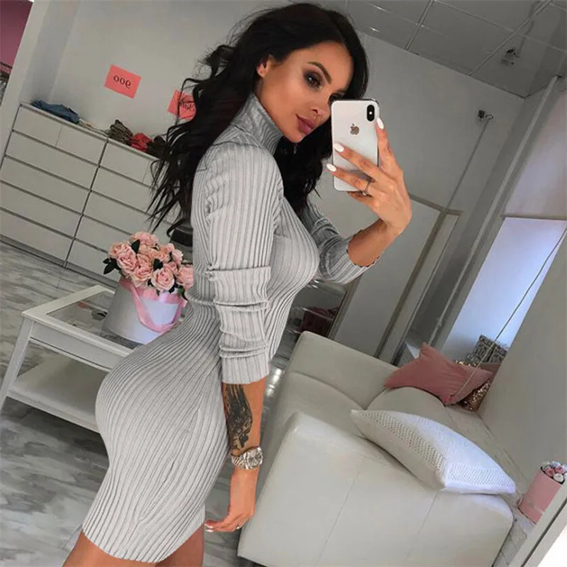 Women Autumn Winter Sweater Knitted Dresses Slim Elastic Turtleneck Long Sleeve Sexy Lady Bodycon Robe Dresses Vestidos
Women Autumn Winter Sweater Knitted Dresses Slim Elastic Turtleneck Long Sleeve Sexy Lady Bodycon Robe Dresses Vestidos