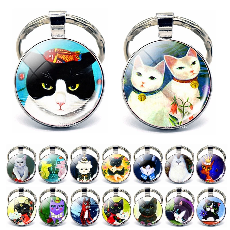 

Cute Fortune Cat Keychain Glass Dome Cabochon Jewelry Women Key Ring Car Key Chains Pendant Lucky Birthday Gift for Women Girls