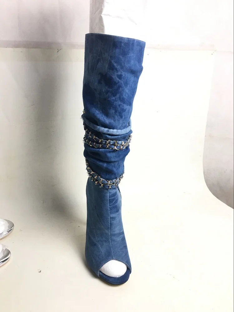 Fashion Women Mid-Calf Boots in Sexy Peep toe with Denim Blue Pattern New Summer Shoes Chains Across High Heels
Fashion Women Mid-Calf Boots in Sexy Peep toe with Denim Blue Pattern New Summer Shoes Chains Across High Heels