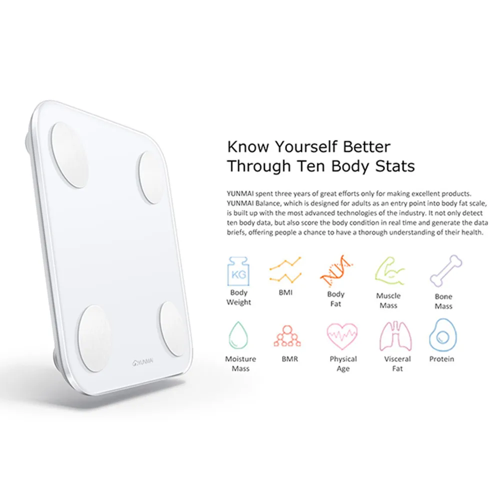 Оригинальный Xiaomi YUNMAI Mini 2 баланс Smart Body Fat весовые весы английское приложение