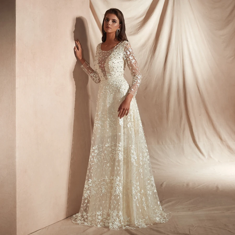 Vestidos Fiesta De Noche Mujer элегантное платье с круглым вырезом и длинными рукавами длинное