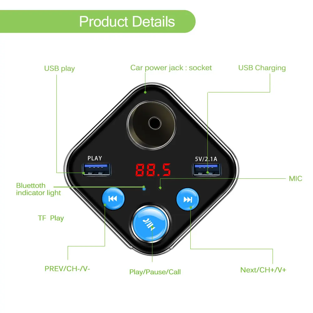 Автомобильное зарядное устройство Powstro 120 А с двумя USB-портами поддержка MP3-плеера
