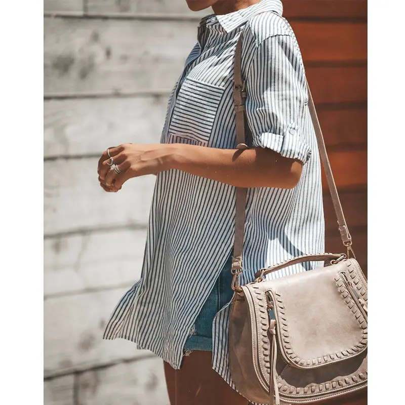 Women Striped short Sleeve Blouse Shirt Female Loose Blusas Femme Autumn Fall Casual Ladies Blouses Top Turn Down Collar Shirts
Women Striped short Sleeve Blouse Shirt Female Loose Blusas Femme Autumn Fall Casual Ladies Blouses Top Turn Down Collar Shirts