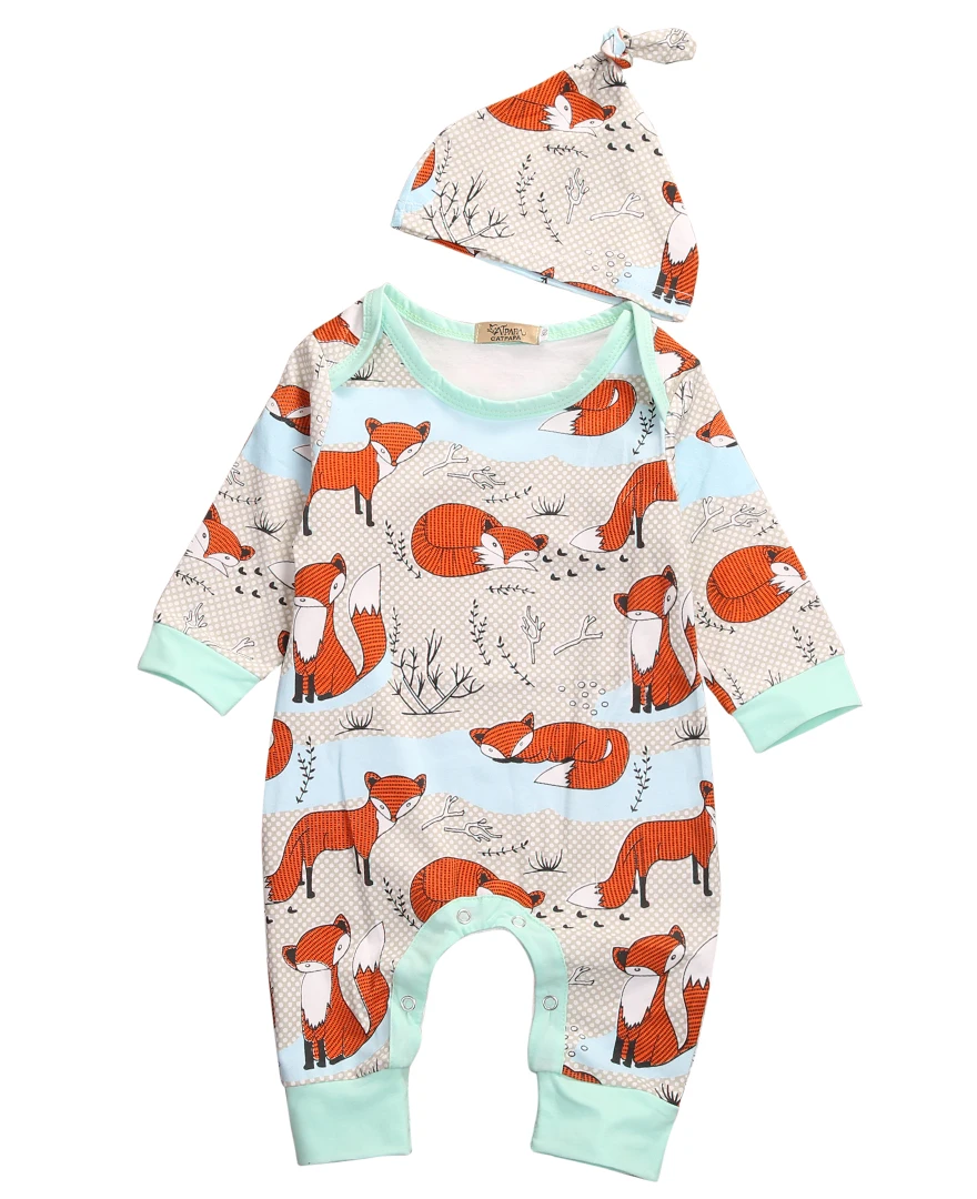 Newborn Baby Girl Boy Clothes Fox Cute Romper Bodysuit Jumpsuit Hat Outfits Set Clothes