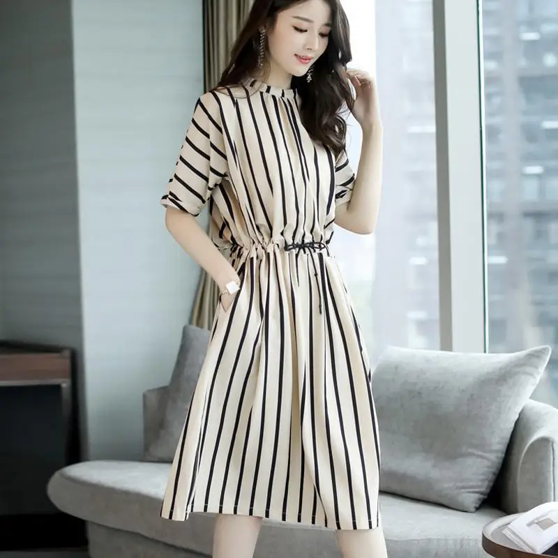 MISSKY Women Girls Dress Elegant Stripes Pattern Tight Waist Short Sleeve Round Collar Dress Female Clothes For Summer
MISSKY Women Girls Dress Elegant Stripes Pattern Tight Waist Short Sleeve Round Collar Dress Female Clothes For Summer