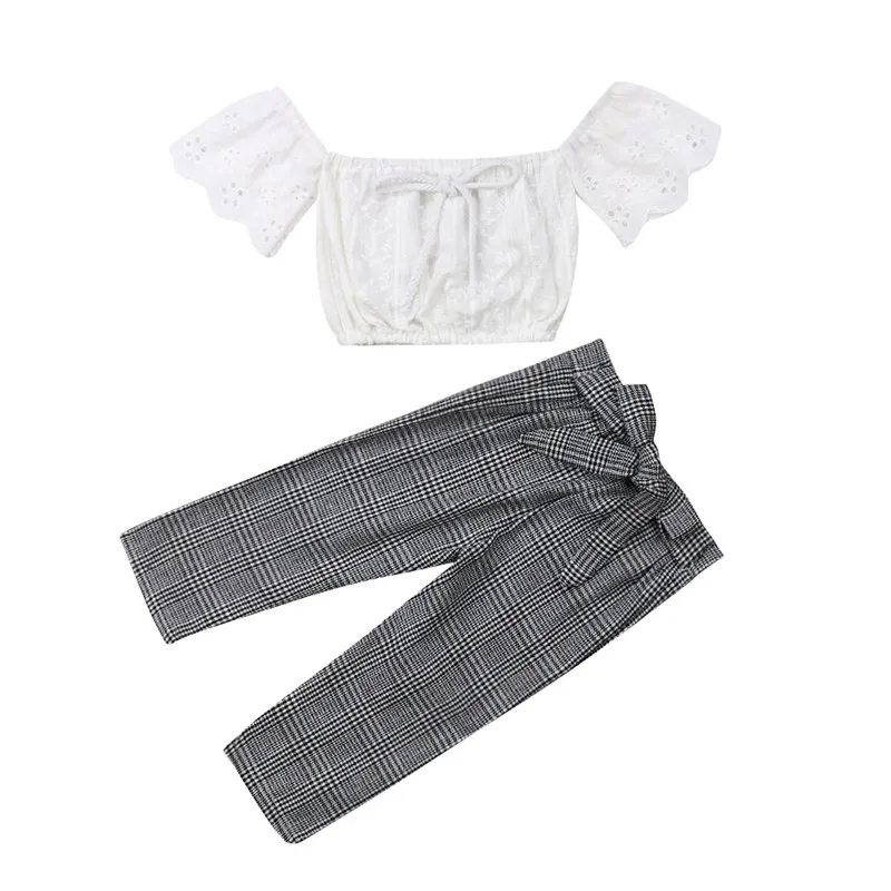 2019 Baby Girl Clothes Set Summer Toddler Kids Outfit Lace Off Shoulder Crop Top+Plaid Pants 2pcs Children Set 2-7T
2019 Baby Girl Clothes Set Summer Toddler Kids Outfit Lace Off Shoulder Crop Top+Plaid Pants 2pcs Children Set 2-7T