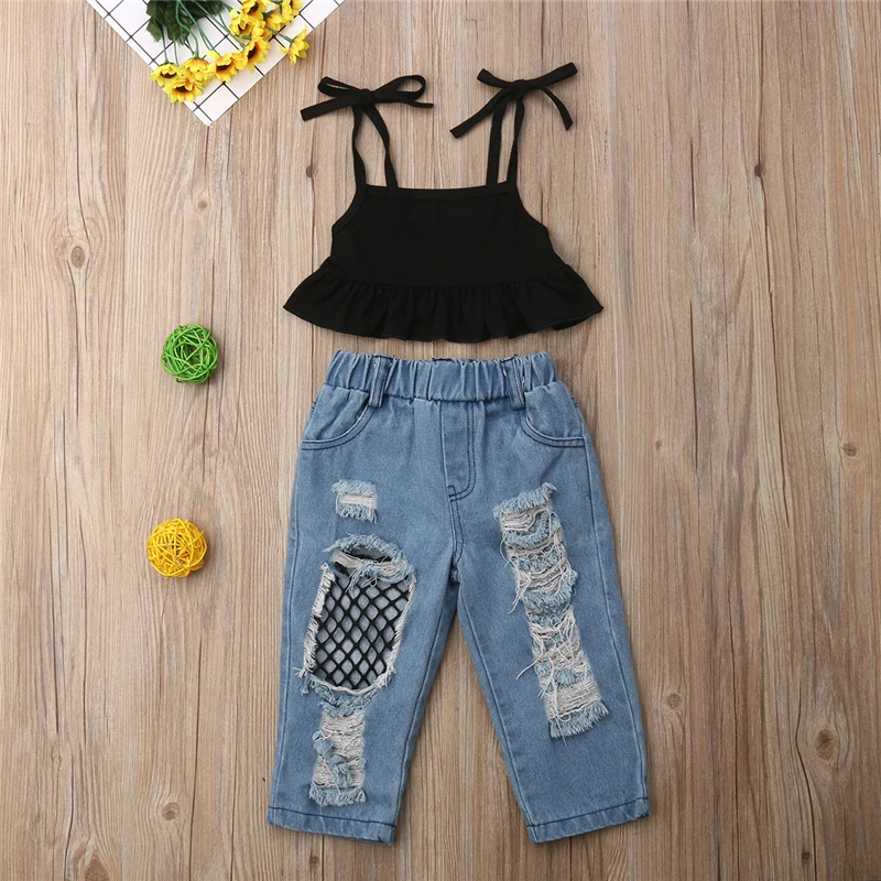 Комплект одежды для маленьких девочек летний черный жилет без рукавов топы