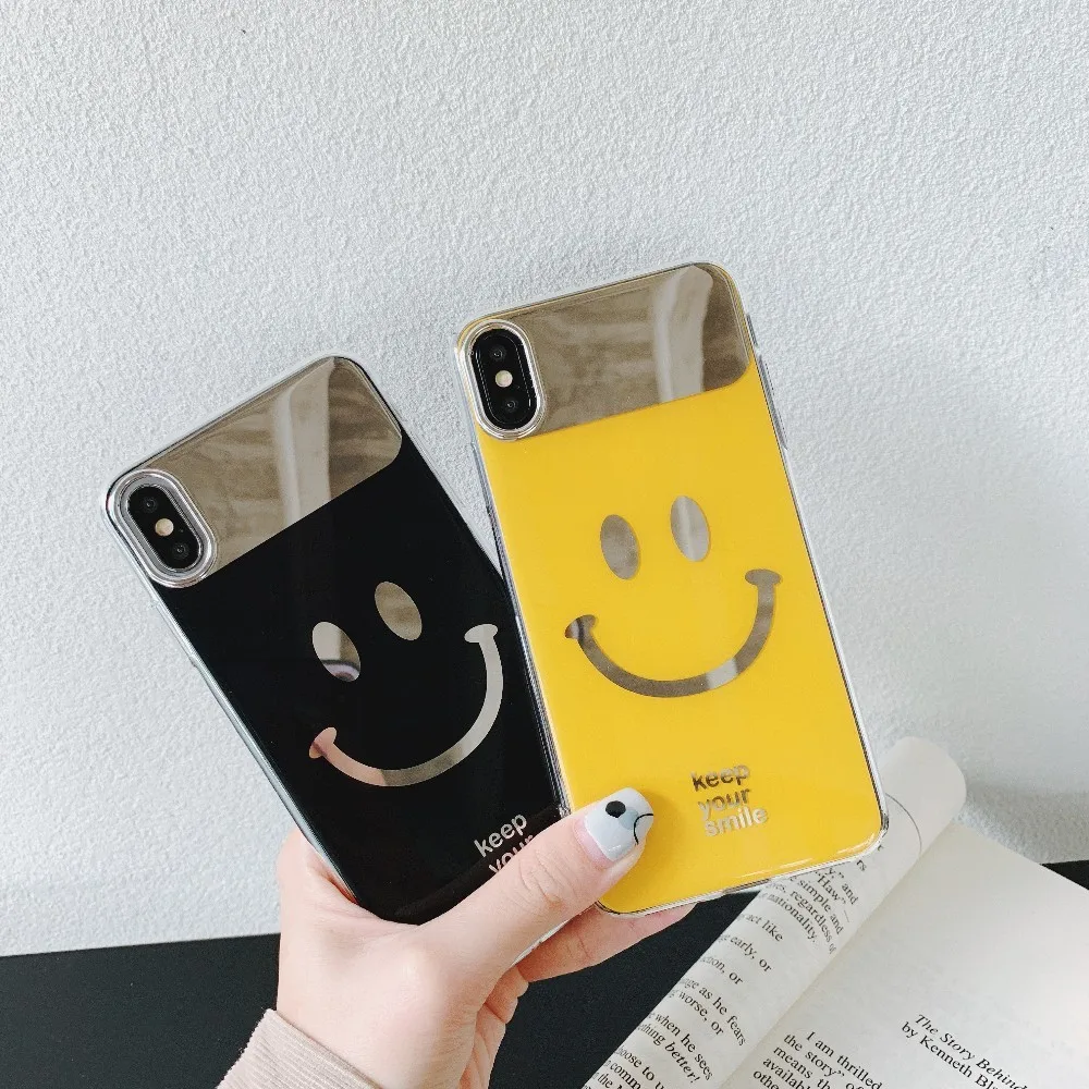Luxury Tempered Glass Case For iPhone XS Max Smile Patterned Full Clear Yellow Cover X XR 7 8 Plus Mirror |