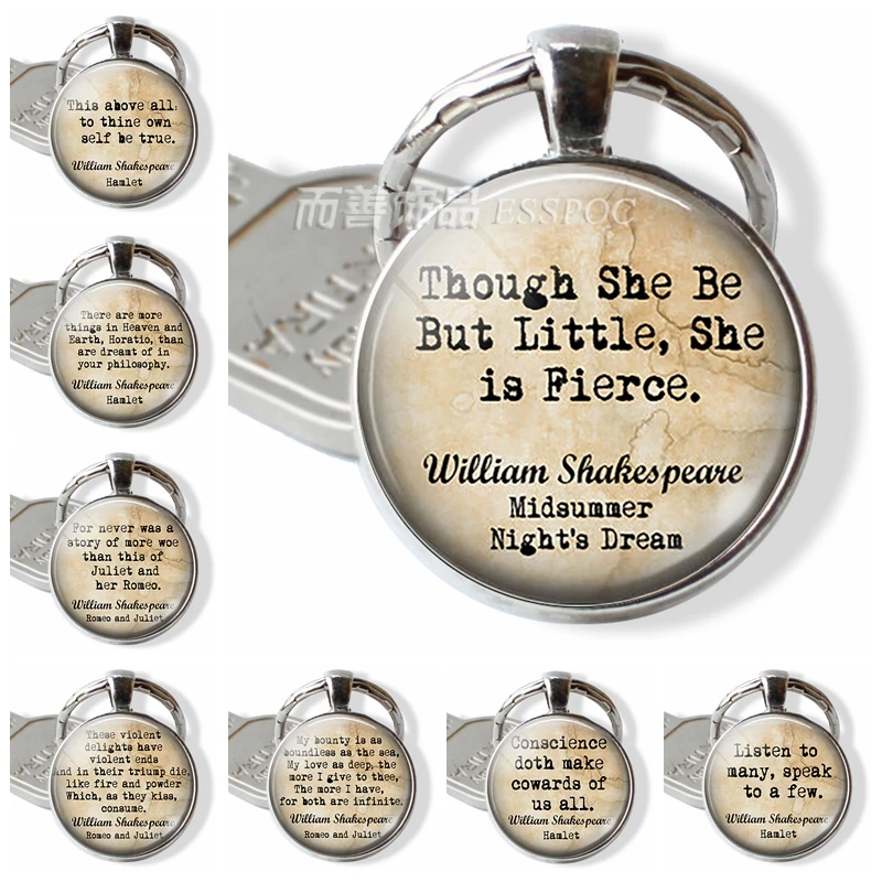 

Though She Be But Little She Is Fierce , Shakespeare Quote Inspirational Keychain Glass Cabochon Pendant Literary Jewelry Gift