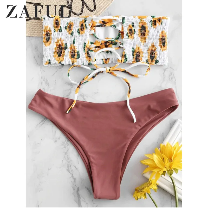 

ZAFUL Bikini Set Bandeau Sunflower Swimwear Women Swimsuit Shirred Sexy Low Waist Strapless Floral Bathing Suit Biquni Bikinis