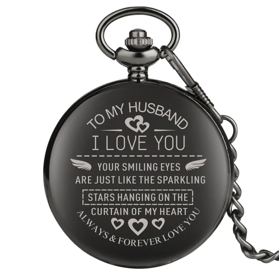 Smooth Black Engraved Words Quartz Pocket Watch Retro Souvenir Clock Best Birthday Gifts for Family Members New Arrival 2019
Smooth Black Engraved Words Quartz Pocket Watch Retro Souvenir Clock Best Birthday Gifts for Family Members New Arrival 2019