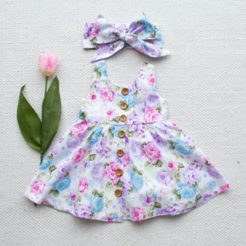 Платье для девочек без рукавов с цветочным принтом на пуговицах | Детская одежда
