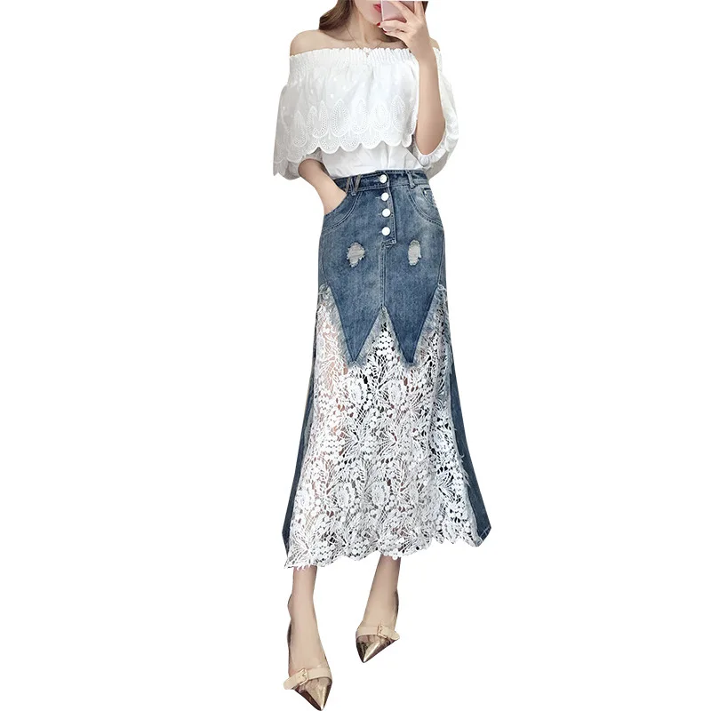 ICHOIX Women 2 Pieces Skirt Sets Lace Denim Skirt Suits Slash Neck Sexy Two Pieces Outfits White Tops Summer 2 Pieces Set Casual
ICHOIX Women 2 Pieces Skirt Sets Lace Denim Skirt Suits Slash Neck Sexy Two Pieces Outfits White Tops Summer 2 Pieces Set Casual