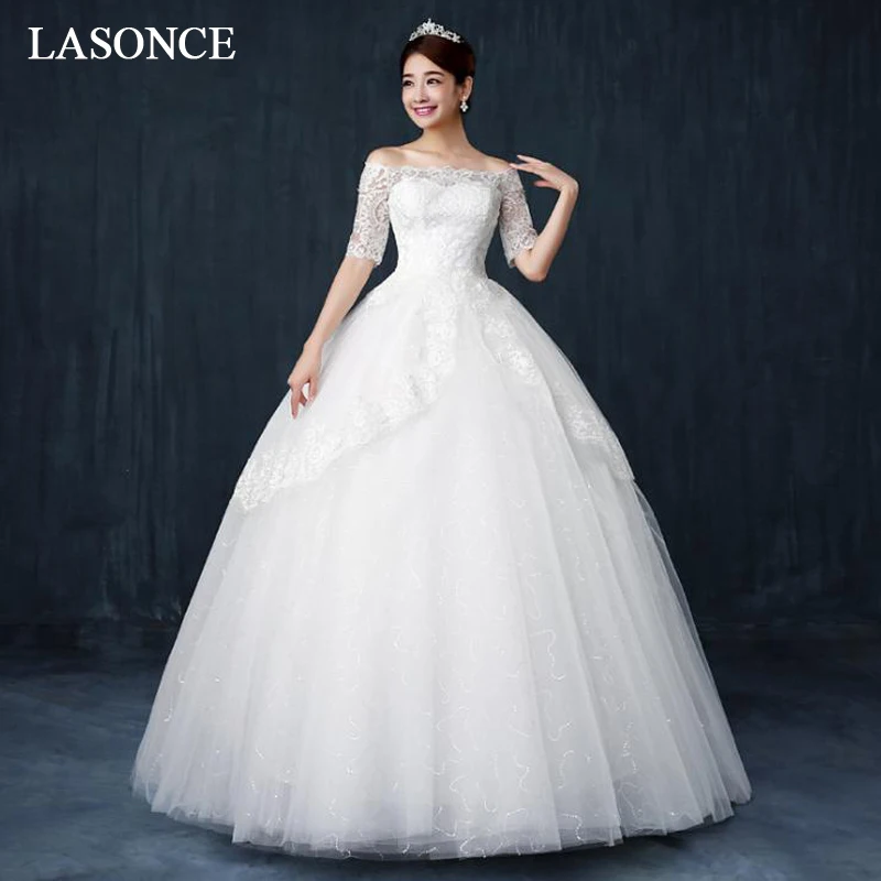 LASONCE Boat Neck Sequined Ball Gown Wedding Dresses Illusion Lace Appliques Half Sleeve Tiered Tulle Bridal Gowns
LASONCE Boat Neck Sequined Ball Gown Wedding Dresses Illusion Lace Appliques Half Sleeve Tiered Tulle Bridal Gowns