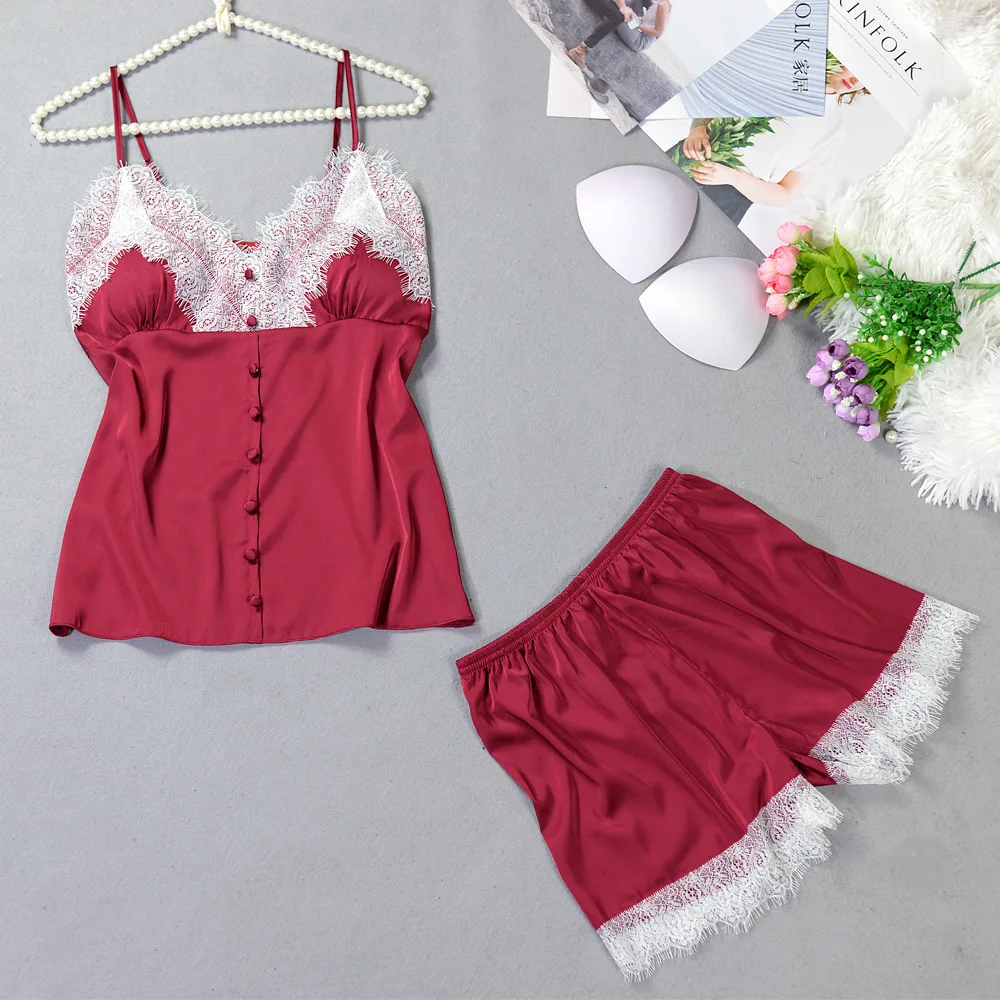 New Button Decoration Summer Imitate Real Silk Pajamas Woman Lace Sexy Twinset Camisole Short Lingerie
New Button Decoration Summer Imitate Real Silk Pajamas Woman Lace Sexy Twinset Camisole Short Lingerie