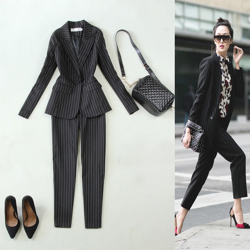 Two piece set top and pants women's new slim OLtooling temperament black and white striped suit and 9 points straight pants suit
Two piece set top and pants women's new slim OLtooling temperament black and white striped suit and 9 points straight pants suit