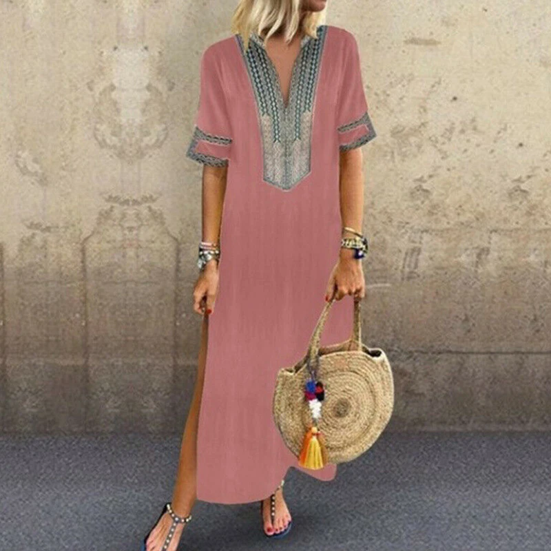 Vintage Women Maxi Dress Plus Size Short Sleeves V-Neck Loose Robe Dresses Vestidos Ladies Side Split Long Boho Dresses
Vintage Women Maxi Dress Plus Size Short Sleeves V-Neck Loose Robe Dresses Vestidos Ladies Side Split Long Boho Dresses