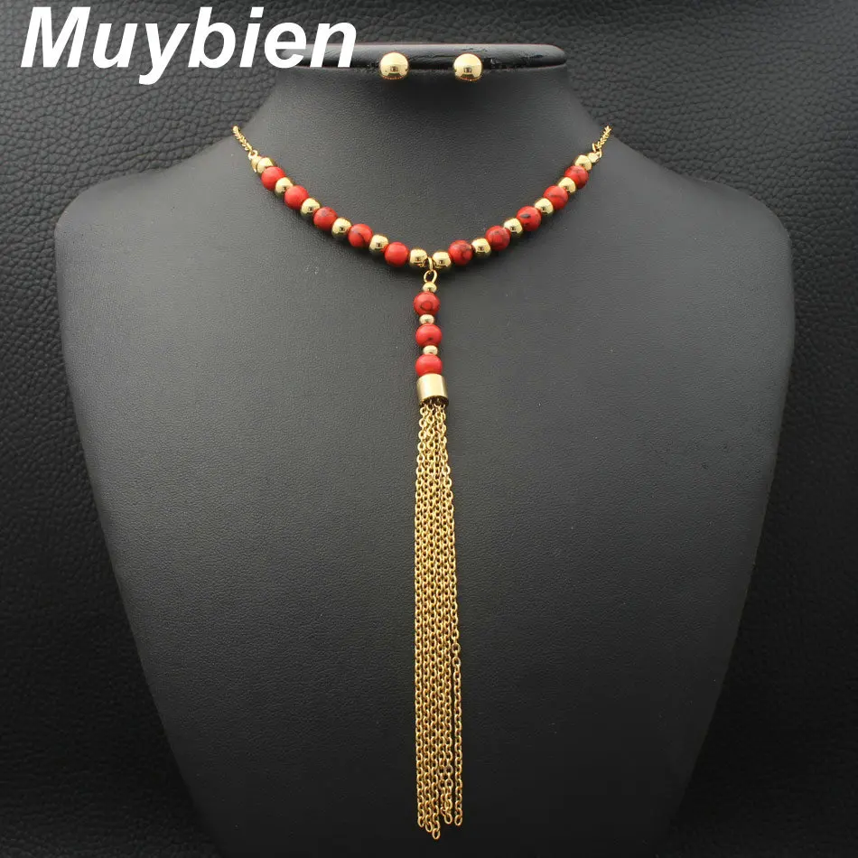 Новый дизайн простое ожерелье и серьги Muybien из нержавеющей стали золотого цвета