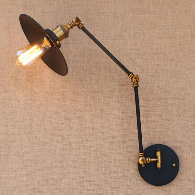 Фото Регулируемая черная винтажная настенная лампа на длинной железной руке с E27 для столовой, спальни, ресторана, бара.