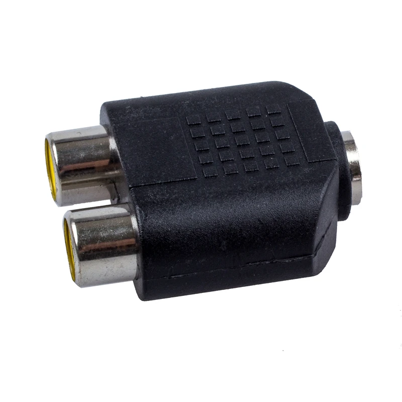 2 x RCA Female / 1 3.5mm Mono Adapter Audio Video Products used to send a right and left channel into one |