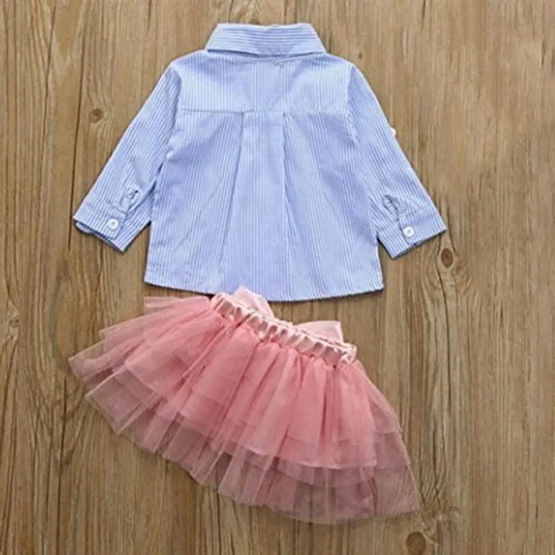 Комплект одежды для маленьких девочек детская синяя рубашка в полоску с
